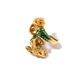 Greek 18 Karat Yellow Gold and Enamel Double Ram's Head Bypass Ring
