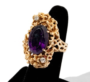 14 Karat Yellow Gold, Amethyst and Diamond Brutalist Ring