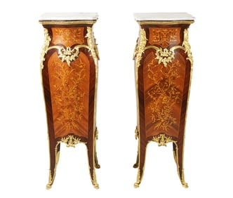 A Pair of Louis XV-Style Marble-Top Marquetry Pedestals