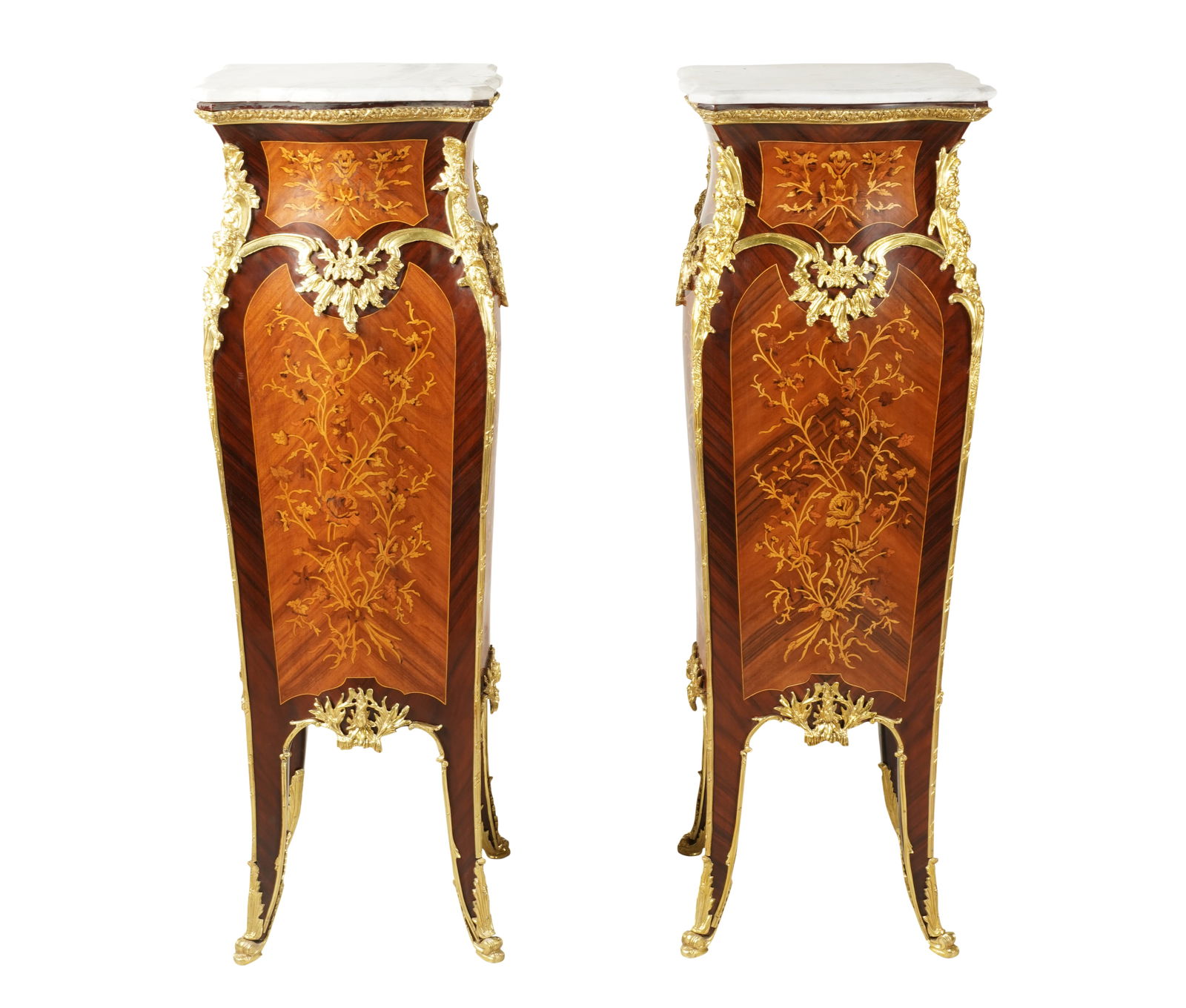 A Pair of Louis XV-Style Marble-Top Marquetry Pedestals (1 of 12)