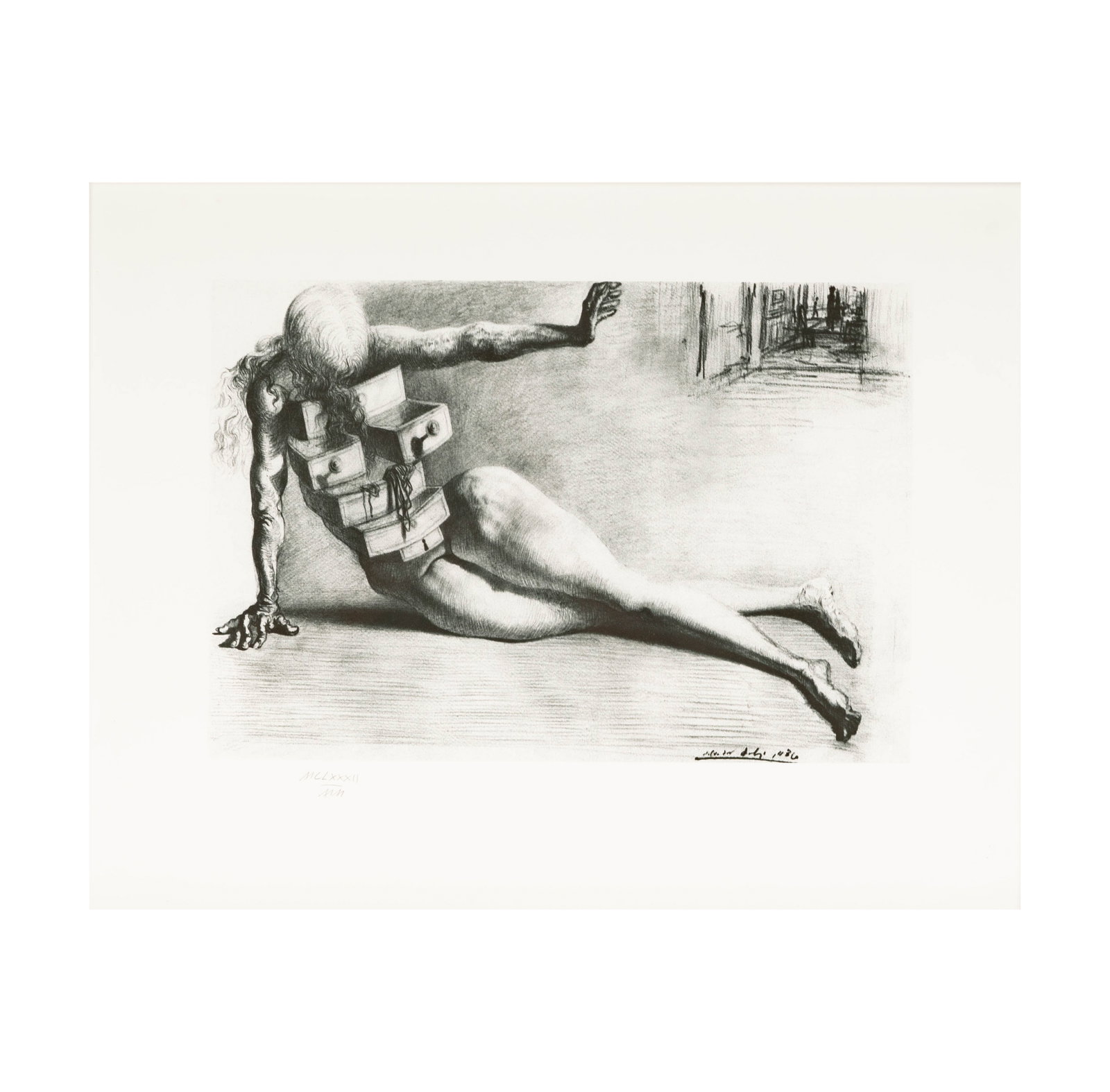 Salvador Dali, 1904-1989, City of Drawers: Salvador Dali Spanish 1904-1989 City of Drawers lithograph ed. MCLXXXII/MM; numbered in pencil and with blindstamp lower left "[crown] C Dali" Image: 12 1/2 x 18 1/4 in., Sheet: 19 1/4 x 25 1/2 in. (4
