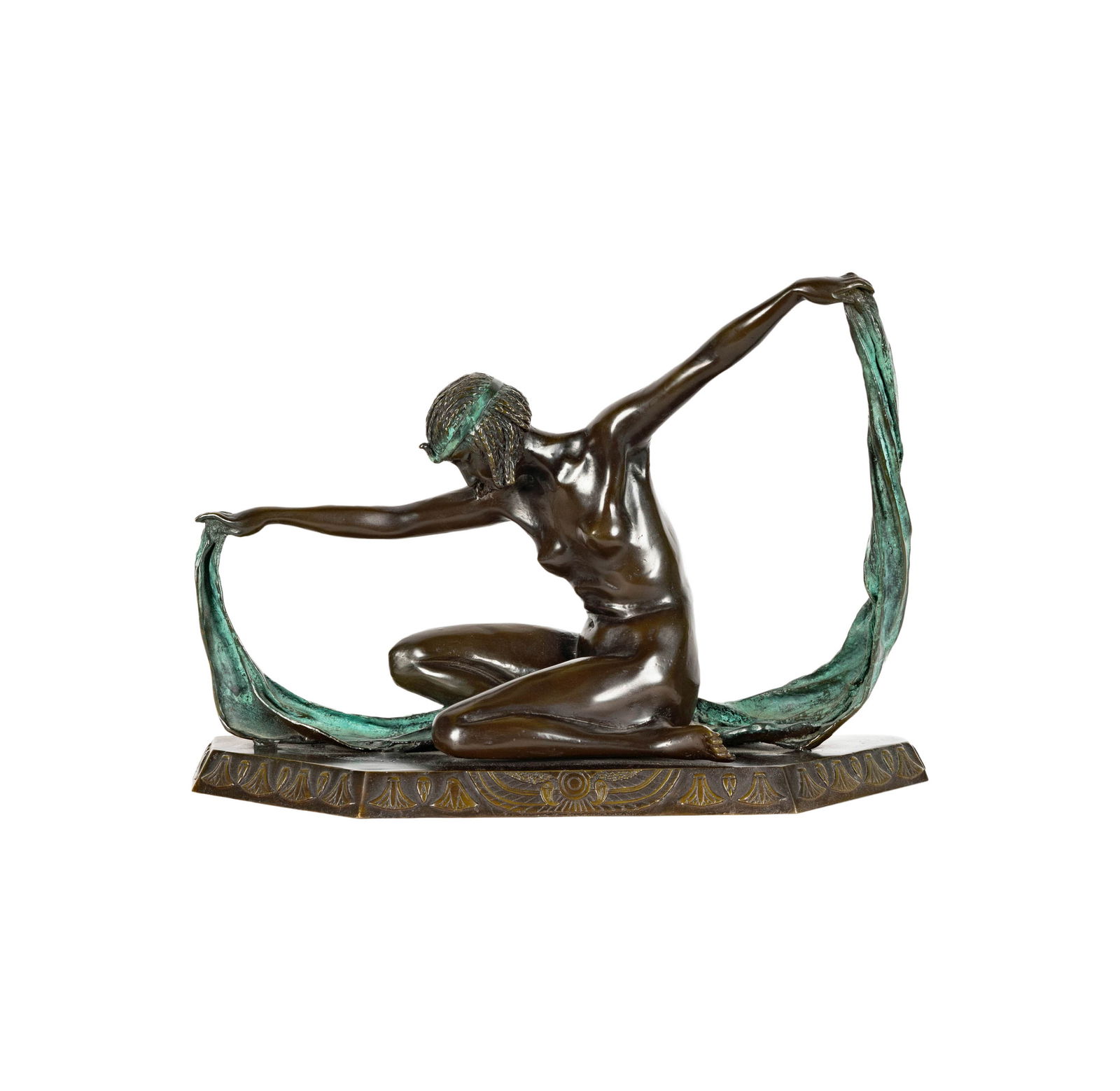 After Claire J. R. Colinet: Isis: patinated bronze; inscribed to top of base "CJR Colinet" (no foundry mark or edition number) 13 1/2 x 18 1/2 x 7 in. (34.3 x 47 x 17.8 cm.) Notes: This item does not qualify for in-house shipping. Ple