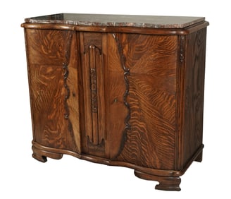 A Marble-Top Carved Oak Side Cabinet / Server