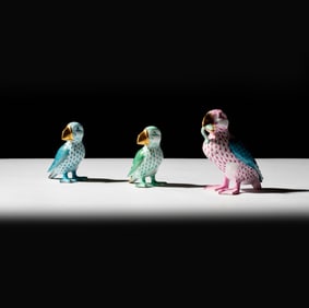 Three Herend Fishnet Porcelain Puffin Figures