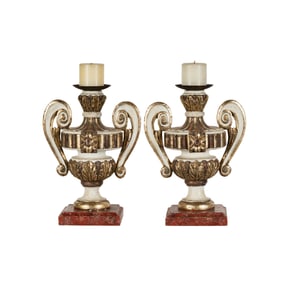 A Pair of Italian Painted Wood Urn-Form Candlesticks