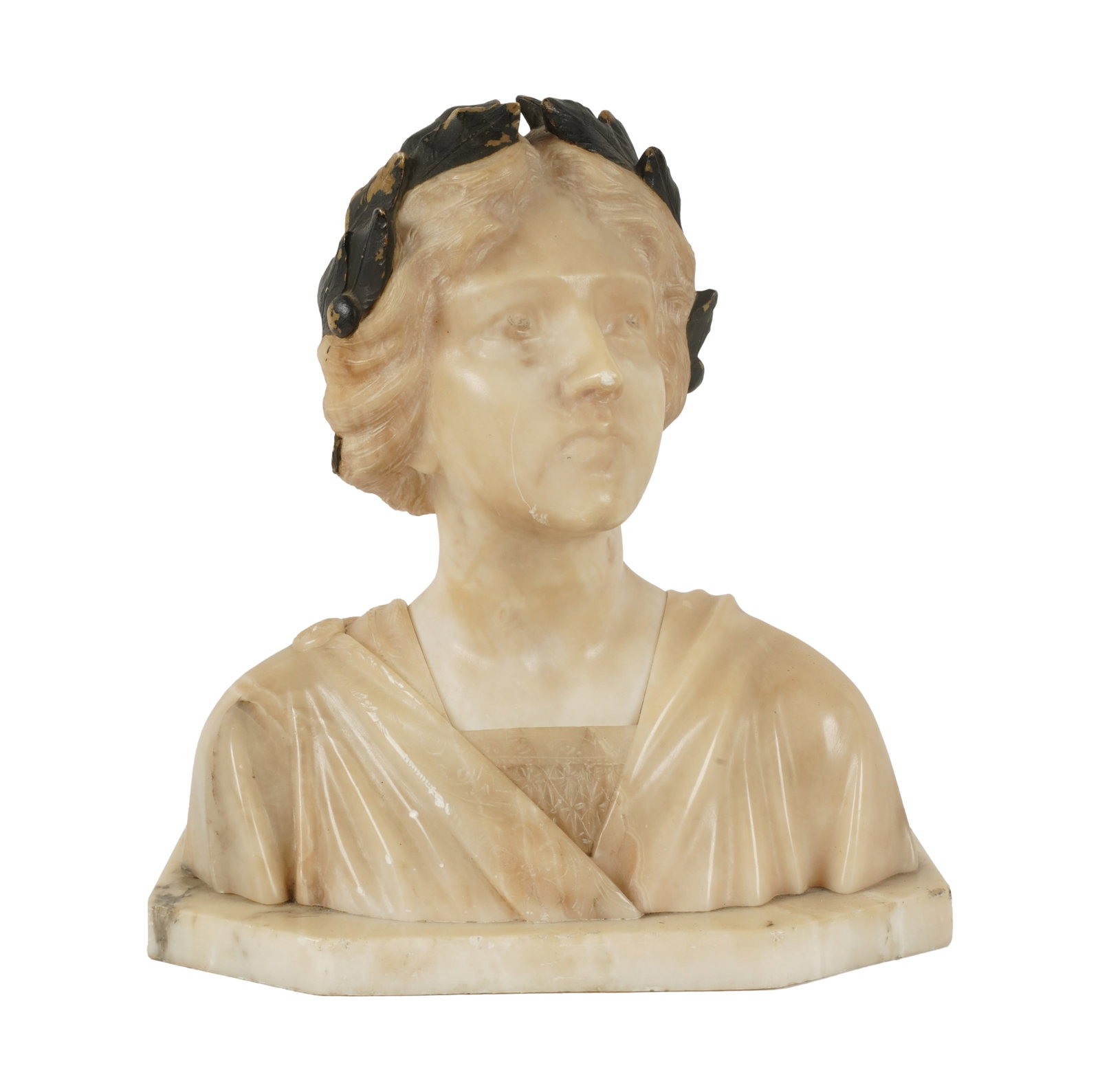 An Italian Carved Marble Bust: inscribed to rear of base "Made in Italy - Trispica[illegible]965" 14 x 13 x 7 1/2 in. (35.6 x 33 x 19.1 cm.) Notes: This item does not qualify for in-house shipping. Please see our preferred shippers