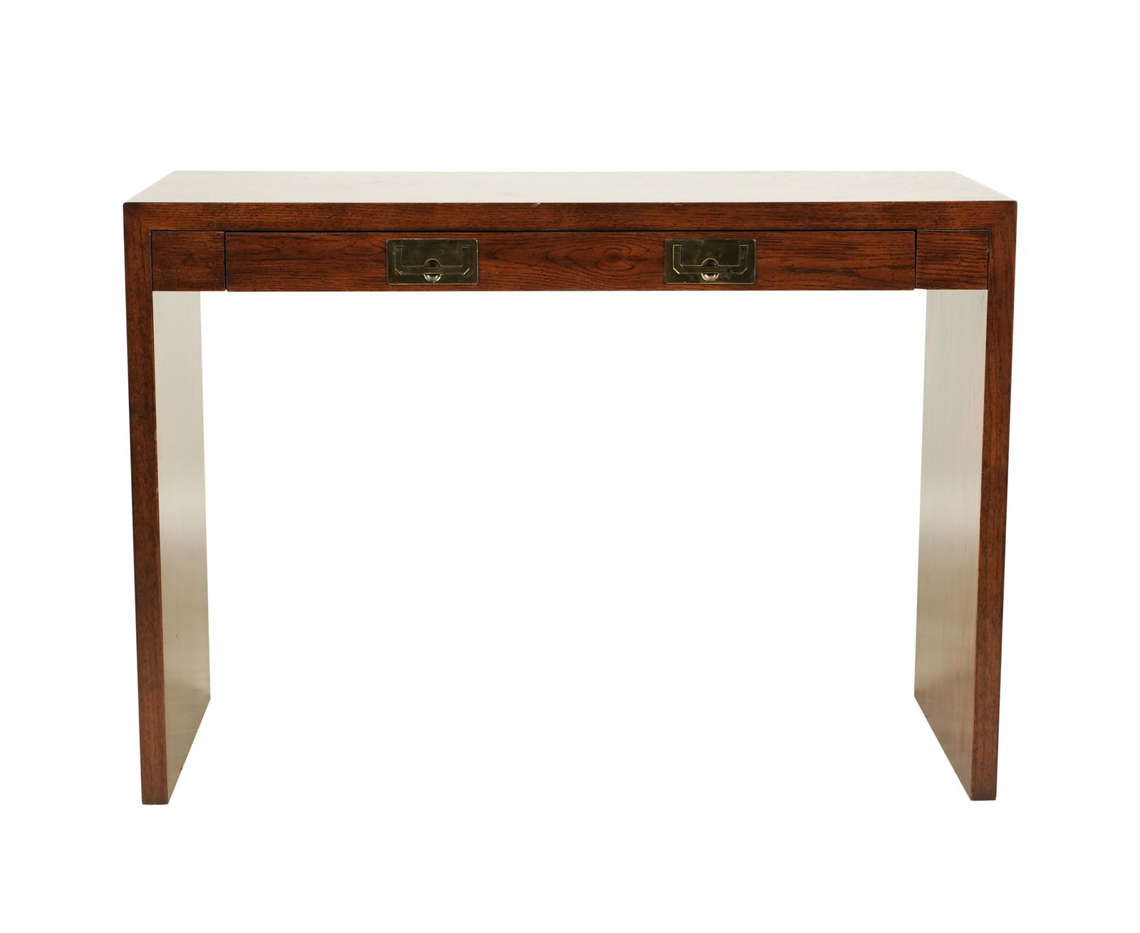 A Henredon Campaign-Style Writing Table: with branded label to drawer interior 28 x 40 x 18 in. (71.1 x 101.6 x 45.7 cm.) Notes: This item does not qualify for in-house shipping. Please see our preferred shippers list for quotes or arrange f