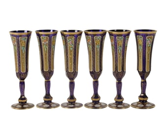 A Set of Enameled Cobalt Blue Glass Champagne Flutes
