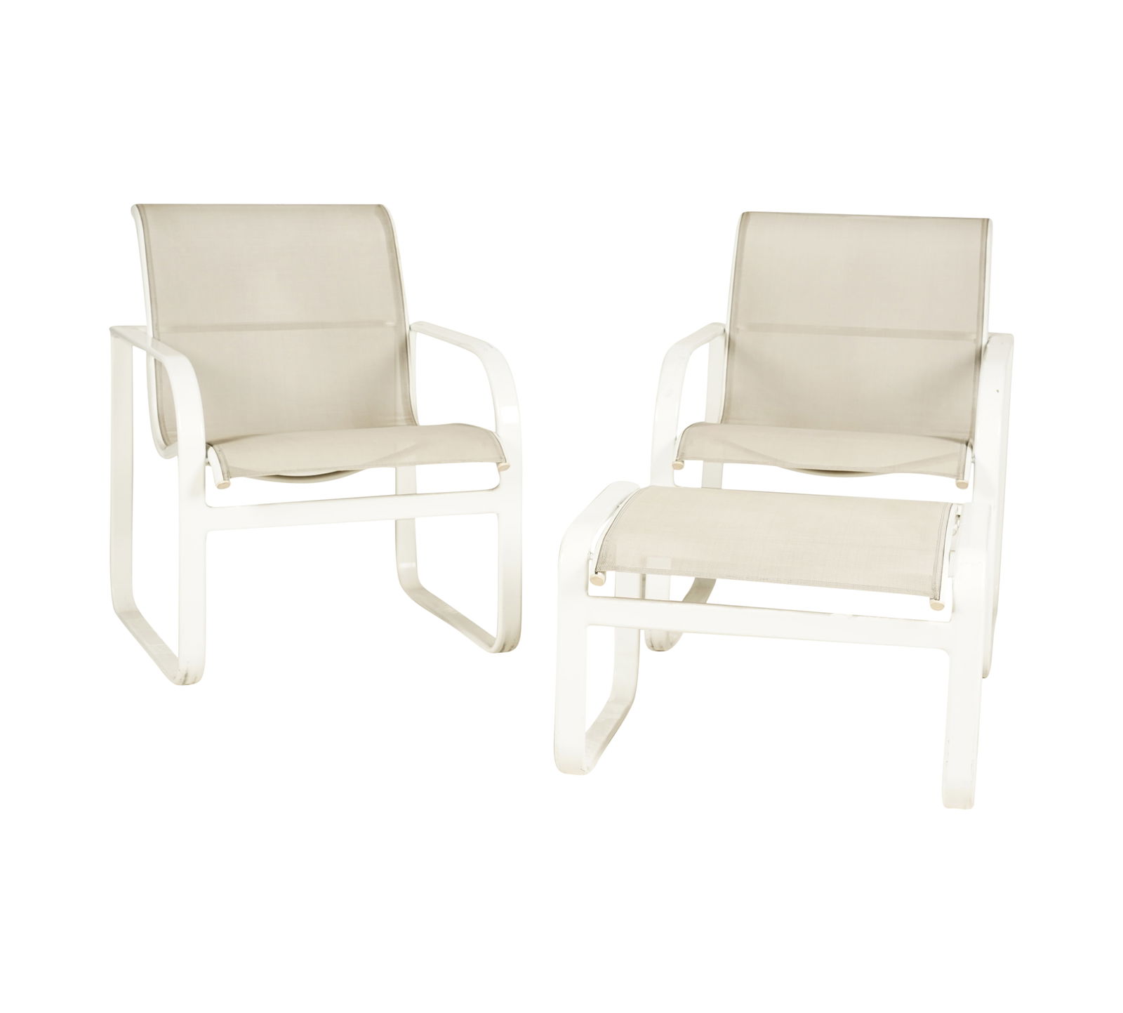 A Pair of Brown-Jordan Chairs and an Ottoman: white powder-coated metal, white mesh Chairs: 32 x 24 1/2 x 27 1/2 in. (81.3 x 62.2 x 69.9 cm.), Seat height: 18 in. (45.7 cm.), Ottoman: 16 x 24 x 20 in. Notes: This item does not qualify for in-hous