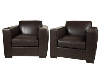 A Pair of Room and Board Brown Leather Club Chairs