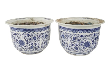 A Pair of Chinese Blue and White Porcelain Planters
