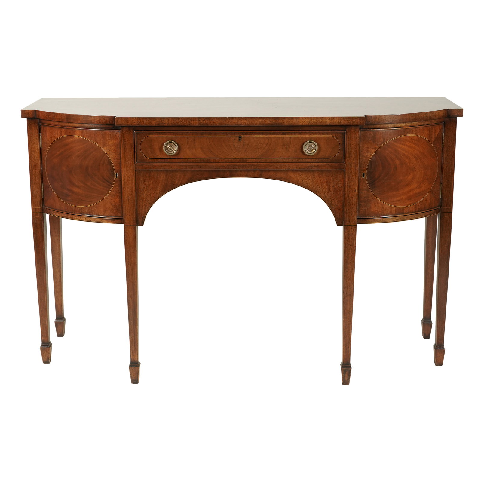 A Sheraton-Style Mahogany Sideboard: 20th century; with key 38 1/2 x 61 1/4 x 20 3/4 in. (97.8 x 155.6 x 52.7 cm.) Notes: This item does not qualify for in-house shipping. Please see our preferred shippers list for quotes or arrange for 