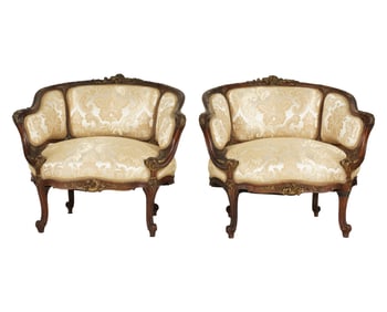 A Pair of Rococo-Style Carved Wood Bergeres