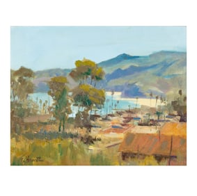 Felice Hrovat, 20th/21st century, Coastal Landscape with Mountains