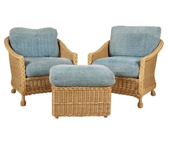 A Pair of McGuire Wicker Club Chairs and Ottoman