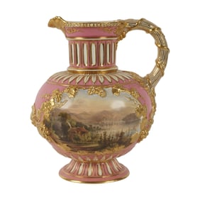 A Continental Pink and Gold Porcelain Landscape Pitcher