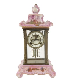 A Nouveau-Style Porcelain and Brass Mantel Clock