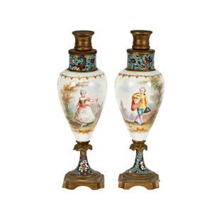 A Pair of Champleve Enamel and Porcelain Vases: hand-painted 9 1/2 x 3 in. (24.1 x 7.6 cm.)