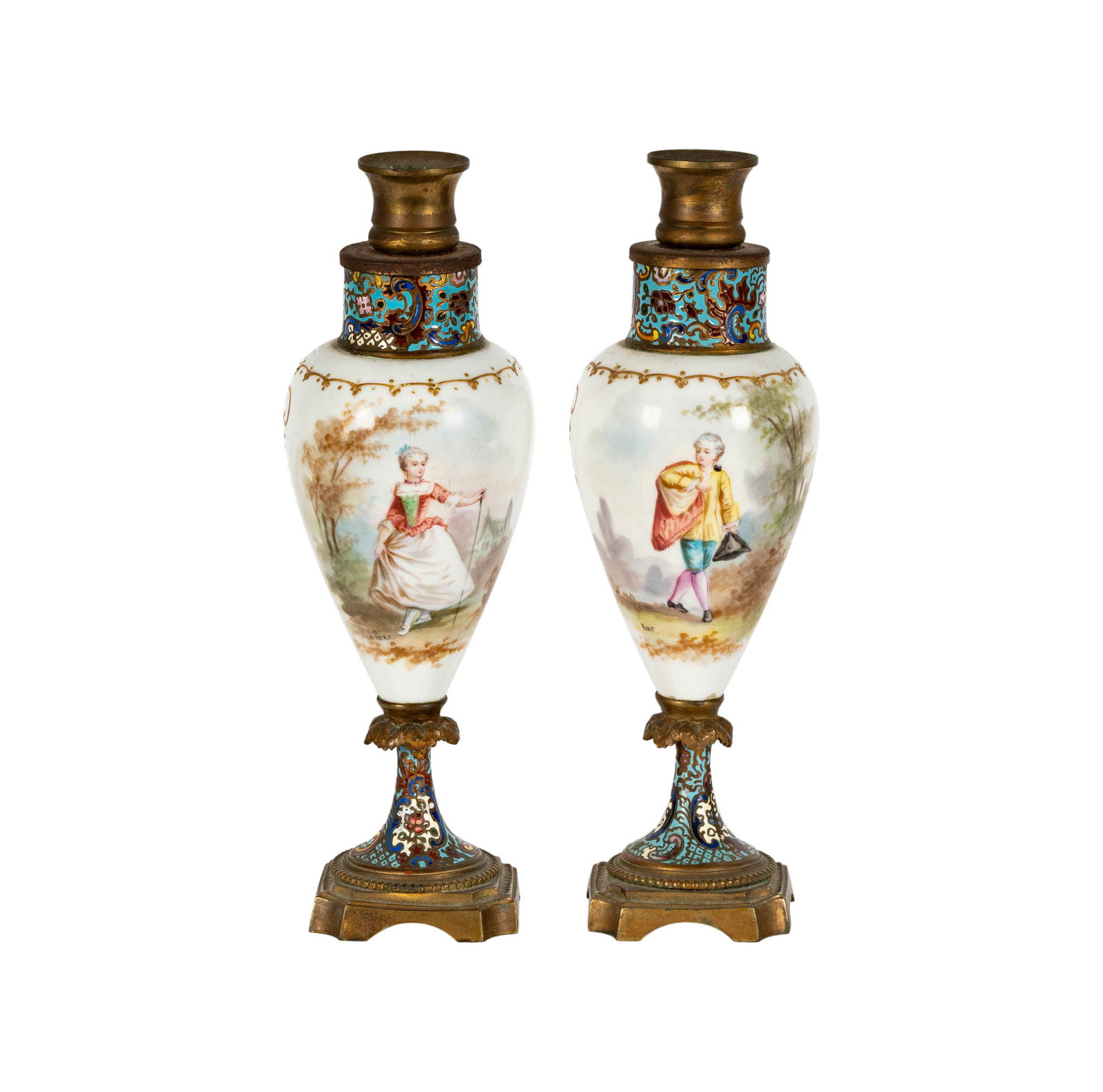 A Pair of Champleve Enamel and Porcelain Vases