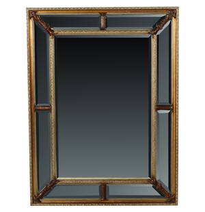 A Contemporary Wall Mirror: carved wood with finish in three colors, beveled glass mirror plates 36 3/4 x 48 3/4 in. (93.3 x 123.8 cm.) This item does not qualify for in-house shipping. Please refer to our preferred shipper's