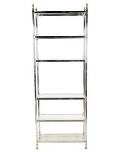 A Chrome and Acrylic Etagere: with brass-finish finials; maker unknown 82 1/2 x 30 x 14 in. (209.6 x 76.2 x 35.6 cm.) This item does not qualify for in-house shipping. Please refer to our preferred shipper's list at