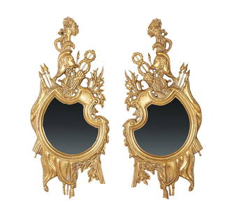 A Pair of Carved Giltwood Wall Mirrors: contemporary 42 x 18 1/4 in. (106.7 x 46.4 cm.) This item does not qualify for in-house shipping. Please refer to our preferred shipper's list at https://www.abell.com/buy-sell/how-to-ship/.