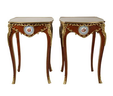A Pair of Louis XV-Style Marquetry Tables: contemporary; each with porcelain-inset apron 29 3/4 x 21 1/4 x 21 1/4 in. (75.6 x 54 x 54 cm.) This item does not qualify for in-house shipping. Please refer to our preferred shipper's list at