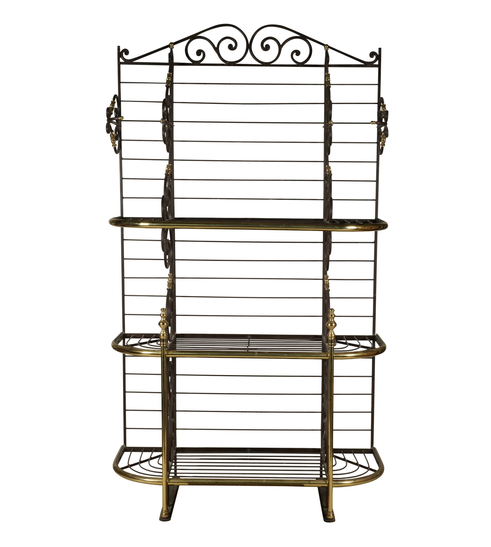 An Iron and Brass Baker's Rack: maker unknown 86 x 49 x 19 in. (218.4 x 124.5 x 48.3 cm.) This item does not qualify for in-house shipping. Please refer to our preferred shipper's list at https://www.abell.com/buy-sell/how-to-ship/.