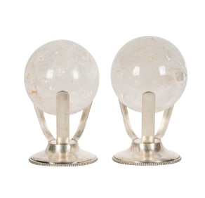 A Pair of Rock Crystal Spheres on Silverplated Stands