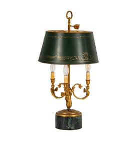 A Gilt Metal and Tole Peinte Bouillotte Lamp