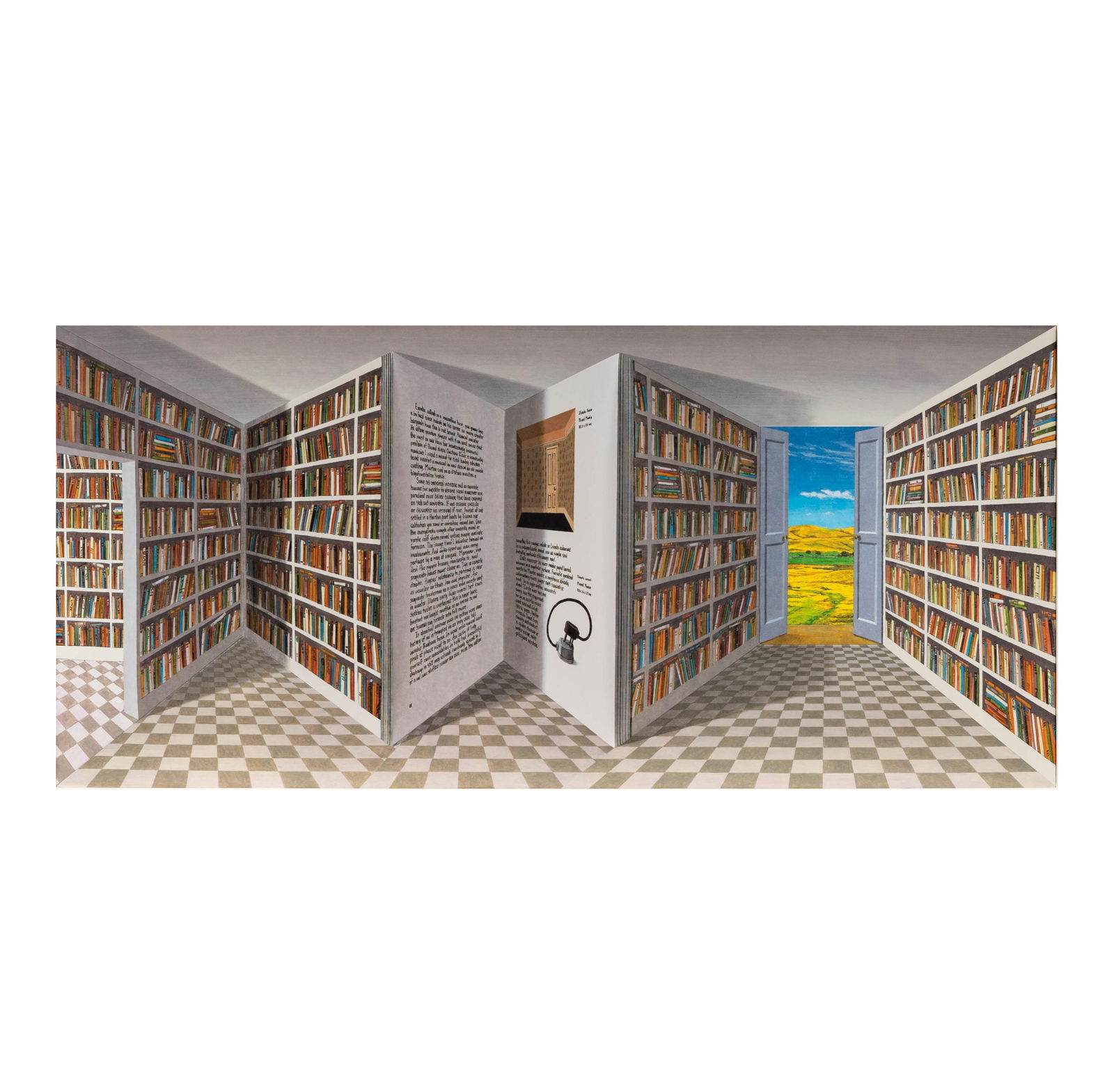 Patrick Hughes, B. 1939, Bookish: Patrick Hughes British B. 1939 Bookish 3D lithograph with hand-colouring ed. 13/35; signed and numbered in pencil 17 3/4 x 33 1/4 x 8 1/4 in. (45.1 x 84.5 x 21 cm.) Provenance: The Estate of Caltech H