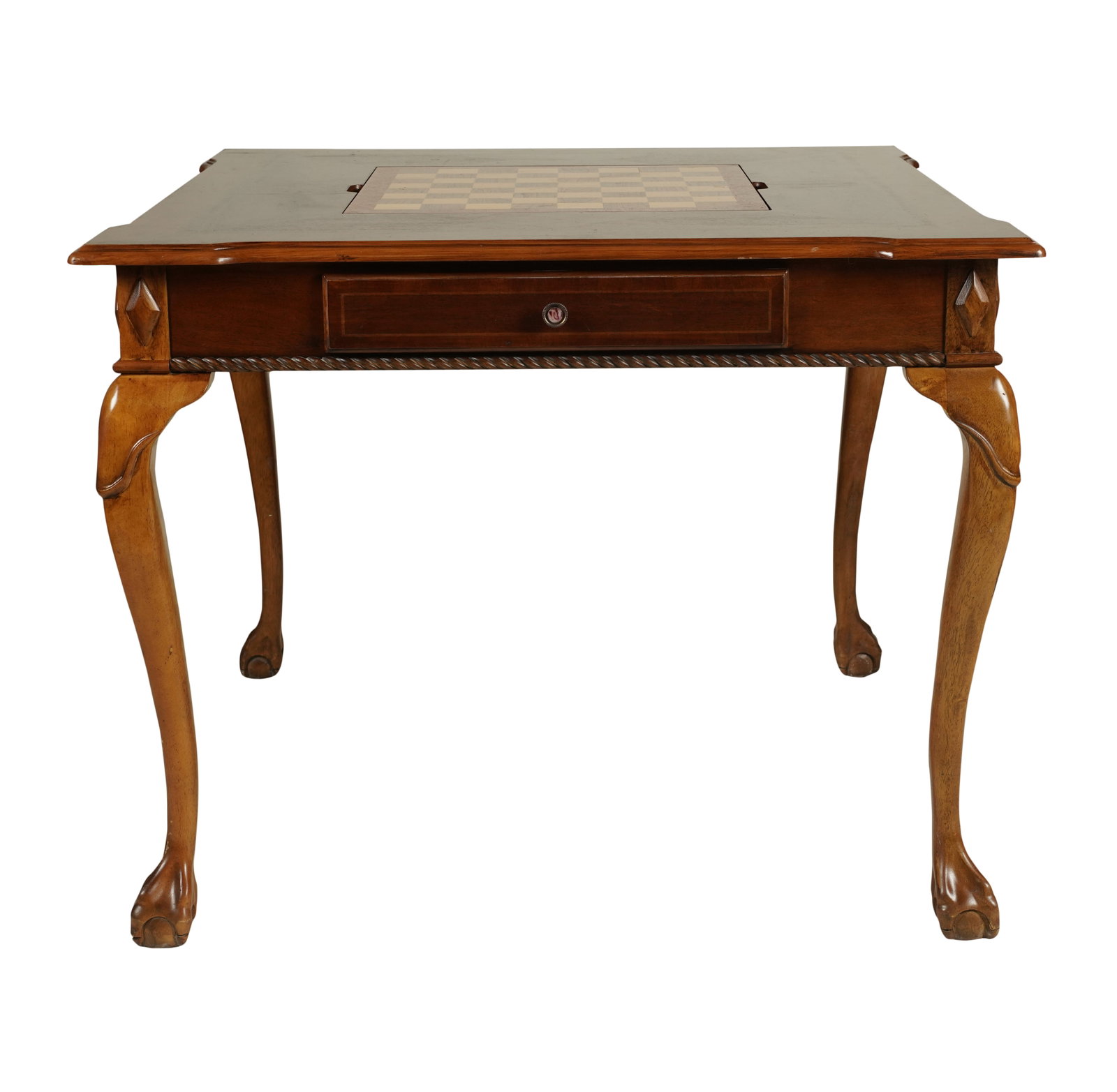 A Games Table: late 20th century; with playing surfaces for chess and backgammon 30 1/4 x 38 x 38 in. (76.8 x 96.5 x 96.5 cm.) This item does not qualify for in-house shipping. Please refer to our preferred shipper'