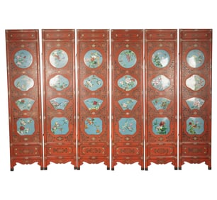 A Chinese Red Lacquered Six-Panel Screen