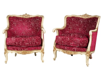 A Pair of Rococo-Style White and Gilt-Painted Bergeres