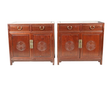 A Pair of Chinese-Style Carved Wood Cabinets
