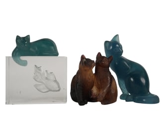 Three Daum Pate de Verre Cat Figures