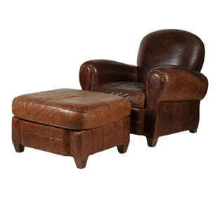 A Mitchell Gold Distressed Leather Club Chair and Ottoman