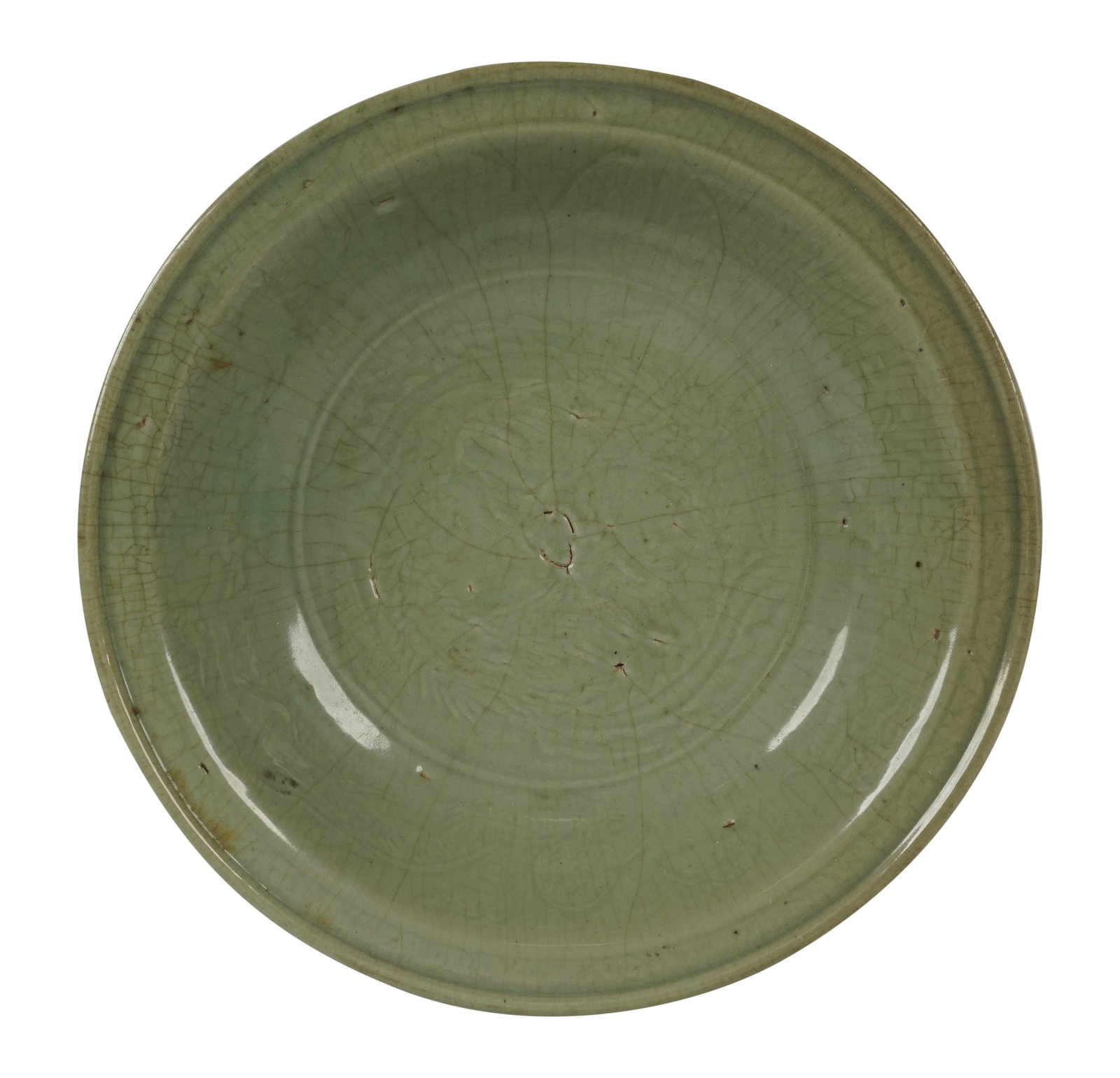 A Chinese Celadon Basin: with crackle glaze and incised designs 17 1/4 in. (43.8 cm.)