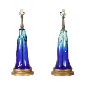 A Pair of Ombre Blue Art Glass Table Lamps
