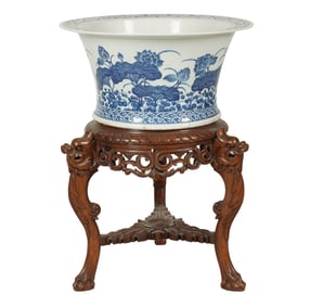 A Chinese Blue and White Porcelain Planter with Wooden Stand