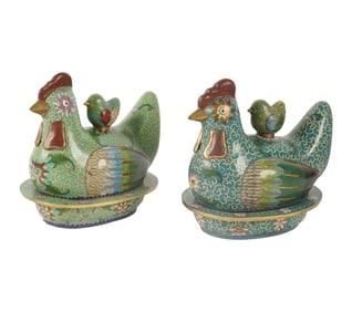 A Pair of Chinese Cloisonne Chicken-FOrm Boxes