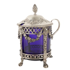 A Metal-Mounted Cobalt Glass Mustard Pot