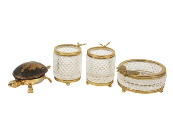 A Three-Piece Gilt Metal-Mounted Cut Crystal Smoking Set