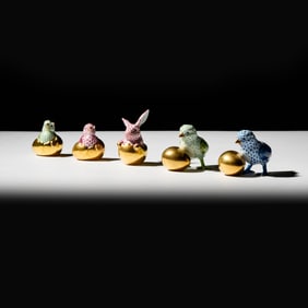 Five Herend Fishnet Porcelain Animal Figurines with Golden Egg