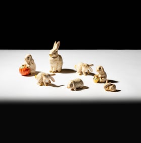 Eight Herend Yellow Fishnet Porcelain Rabbit Figurines
