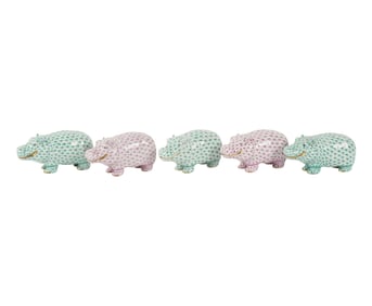 Five Herend Fishnet Porcelain Hippo Figurines