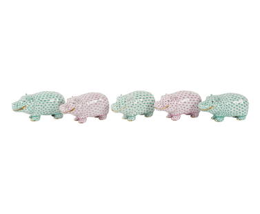 Five Herend Fishnet Porcelain Hippo Figurines: each marked 2 1/4 x 4 1/2 x 1 3/4 in. (5.7 x 11.4 x 4.4 cm.)