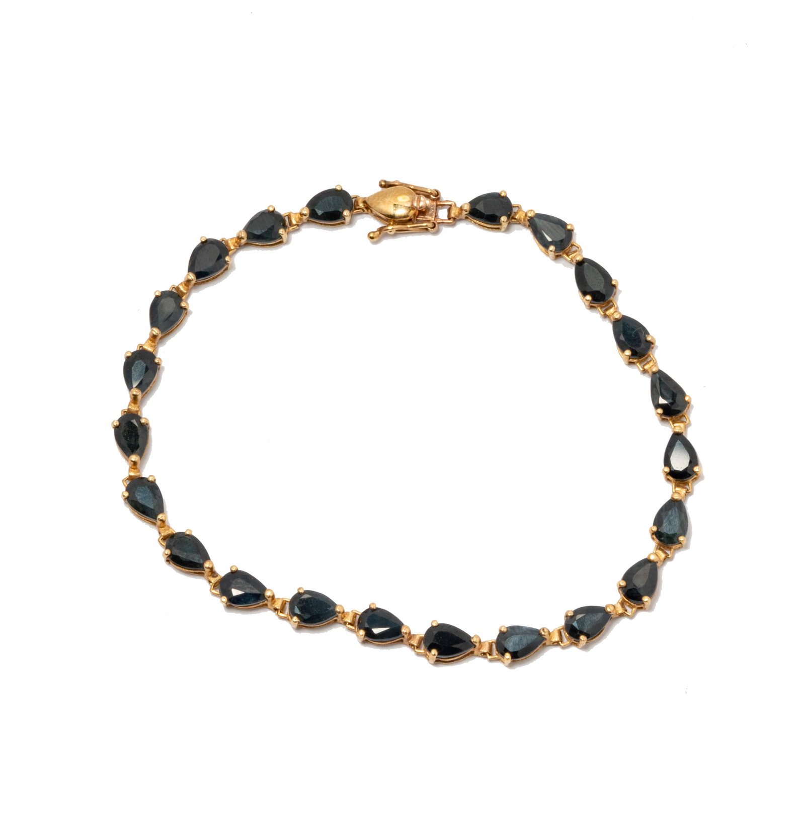 10 Karat Yellow Gold Sapphire Bracelet: set with 22 pear-shaped sapphires weighing approximately 5.5 carats; measuring 7-1/2 inches long, weighing 5.8 grams;