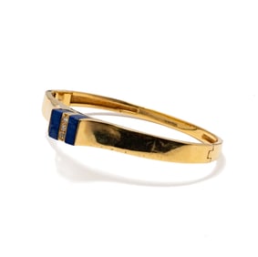 14 Karat Yellow Gold, Lapis and Diamond Hinged Bangle