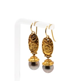 Luna High Karat and 18 Karat Yellow Gold Tahitian Pearl Earrings